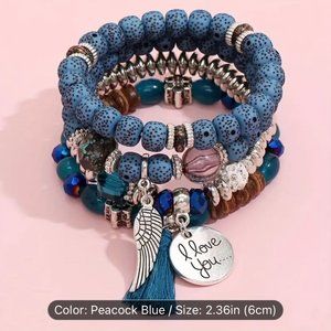 4pc Set/ I Love You , Tassel and Wing Charm Peacock Blue
